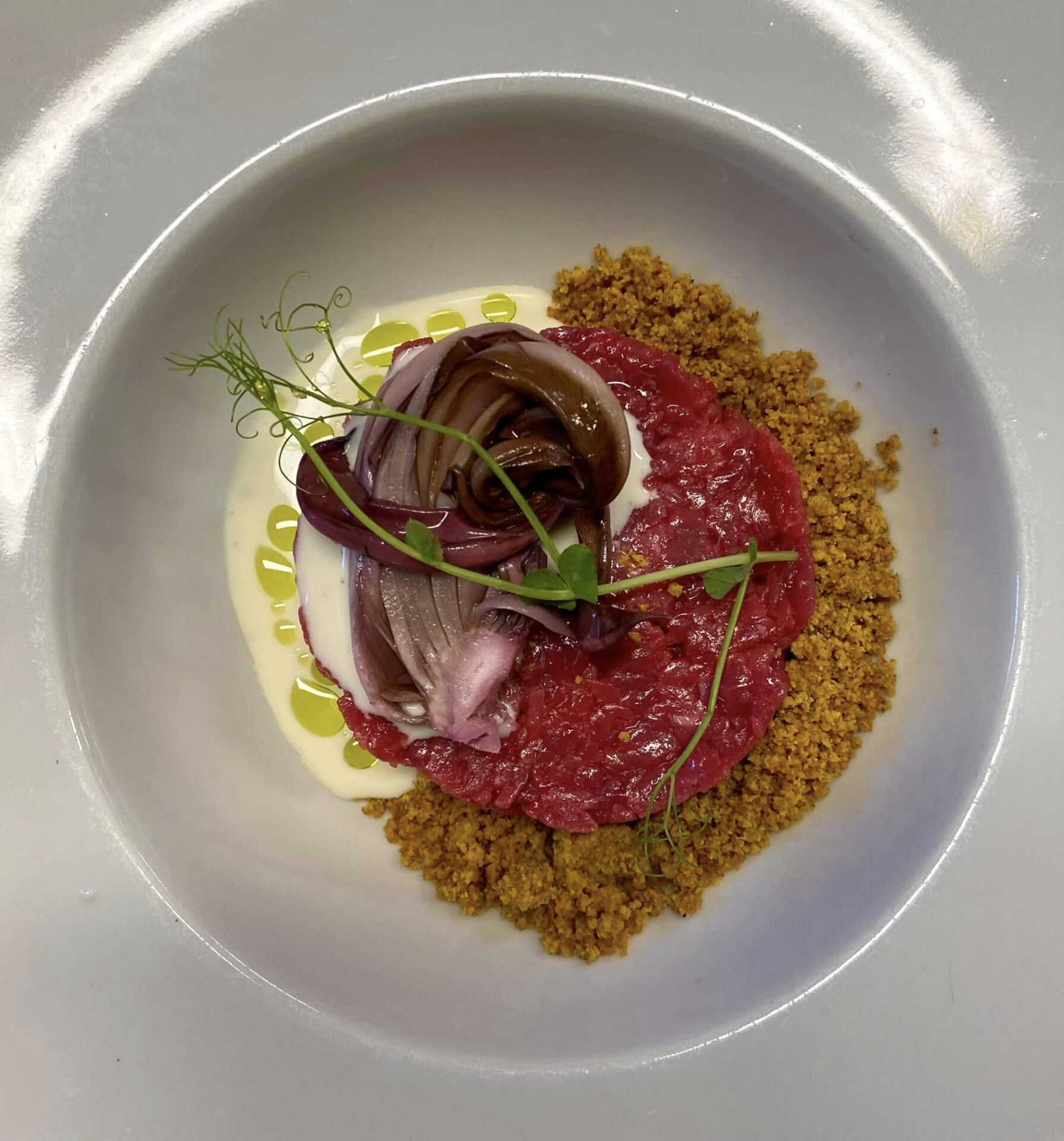Bocconi Ristorante e Pizzeria - Tartare al naturale, radicchio marinato, crumble integrale speziato, su fonduta di gorgonzola